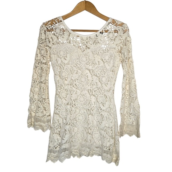 Lovecat Hippie Lace Crochet Cream Mini Dress Lined Scalloped Hippie 70s Style - Picture 2 of 9